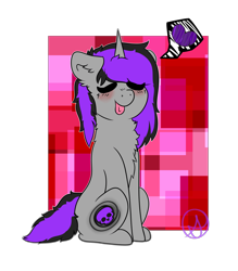 Size: 3500x4000 | Tagged: safe, artist:diane-thorough, derpibooru import, oc, oc only, oc:raven onyx, unicorn, :p, blushing, chest fluff, chibi, female, floppy ears, heart, silly, simple background, sitting, solo, tongue out, transparent background