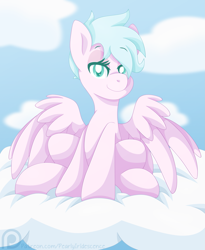 Size: 1569x1917 | Tagged: safe, artist:pearlyiridescence, oc, oc only, pegasus, pony, cloud, female, lidded eyes, mare, short hair, sitting, smiling, solo, spread wings, wings