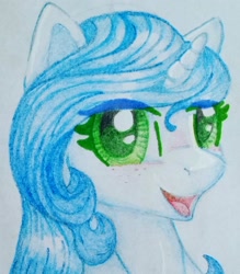 Size: 1428x1631 | Tagged: safe, artist:gleamydreams, derpibooru exclusive, derpibooru import, oc, oc:gleamy, unicorn, blue hair, blushing, cute, freckles, green eyes, looking at you, smiling, solo, traditional art