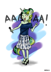 Size: 3506x4963 | Tagged: safe, artist:alphatea, derpibooru import, oc, oc only, oc:camellia yasmina, anthro, plantigrade anthro, unicorn, anthro oc, bare shoulders, blushing, clothes, dress, dressing, eyes closed, female, happy, high heels, mare, microphone, open mouth, rule 63, shoes, singing, solo, standing