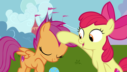 Size: 8807x5000 | Tagged: safe, artist:frownfactory, apple bloom, scootaloo, earth pony, pegasus, pony, forever filly, absurd resolution, adorabloom, ball, behaving like a dog, cute, cutealoo, cutie mark, female, filly, head pat, pat, scootapup, the cmc's cutie marks, vector, wings