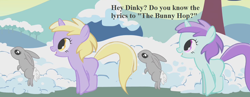 Size: 1152x448 | Tagged: safe, derpibooru import, edit, edited screencap, screencap, dinky hooves, liza doolots, petunia, tootsie flute, pony, rabbit, winter wrap up, background pony, cropped, cute, dinkabetes, female, filly, foal, hopping, pronking, ray anthony, snow, song reference, text, tootsie cute, winter wrap up song