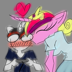 Size: 800x800 | Tagged: safe, artist:edgy the hedgy, princess cadance, oc, oc:zaknel, anthro, blushing, canon x oc, eyes closed, gray background, heart, kiss on the cheek, kissing, shipping, signature, simple background, straight, straight shota, surprised