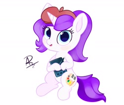 Size: 2000x1700 | Tagged: safe, artist:rivin177, derpibooru import, oc, unicorn, beret, big eyes, blue eyes, brush, chibi, cute, digital art, female, hat, horn, mare, pencil, pencil drawing, purple mane, sitting, small mare, small pony, solo, tablet, traditional art