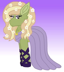 Size: 1313x1476 | Tagged: safe, artist:annabear1211, derpibooru import, oc, oc only, oc:flower power, earth pony, pony, clothes, dress, flower, flower in hair, kindverse, parent:tree hugger, solo