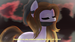 Size: 1920x1080 | Tagged: safe, artist:sugguk, oc, oc only, oc:spell caster, earth pony, pony, bandana, eyes closed, female, hat, mare, solo, subtitles