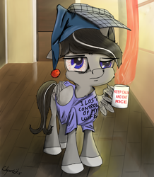 Size: 2556x2934 | Tagged: safe, artist:chopsticks, oc, oc only, oc:chopsticks, pegasus, pony, cheek fluff, chest fluff, clothes, cup, cute, cutie mark, floor, funny, hat, humor, male, morning after, morning ponies, mug, nightcap, shirt, solo, stallion, text, tired, window