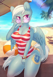 Size: 829x1200 | Tagged: safe, artist:lonelycross, derpibooru import, fleetfoot, anthro, pegasus, alternate hairstyle, beach, beach ball, bracelet, breasts, cleavage, clothes, commission, cutie mark, female, glasses, jewelry, mare, palm tree, sand, sexy, solo, sunglasses, swimsuit, tree, ych result