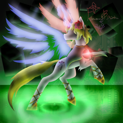 Size: 5800x5800 | Tagged: safe, artist:florarena-kitasatina/dragonborne fox, derpibooru import, pony, unicorn, a bajillion light sources, absurd resolution, artificial alicorn, augmented, clothes, crossover, cyberspace, female, flower, fragmented wings, hime (suguri), jewelry, magic, magic wings, orb, plasma wings, ponified, rearing, rose, shawl, shoes, signature, solo, watermark, wings