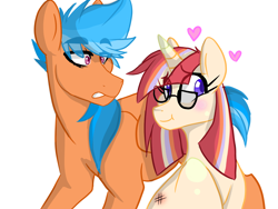 Size: 1600x1200 | Tagged: safe, artist:canisrettmajoris, derpibooru import, oc, oc only, oc:dawn, oc:quick-witt, pegasus, pony, unicorn, blushing, bruised, female, glasses, heart, male, mare, next generation, oc x oc, offspring, offspring shipping, parent:moondancer, parent:quibble pants, parent:rainbow dash, parent:sunburst, parents:quibbledash, parents:sundancer, scrunchy face, shipping, simple background, stallion, straight, white background