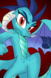 Size: 800x1214 | Tagged: safe, artist:emositecc, derpibooru import, dragon lord ember, princess ember, dragon, dragoness, female, looking at you, smiling, smirk, solo