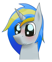 Size: 1839x2188 | Tagged: safe, artist:patataislive, derpibooru import, oc, oc only, pony, unicorn, blue hair, cute, eyeshadow, golden eyes, makeup, male, paint tool sai, shading, simple background, solo, stallion, transparent background, yellow hair