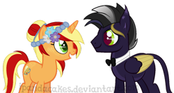 Size: 956x511 | Tagged: safe, artist:ipandacakes, oc, oc only, oc:apple spritz, oc:xipilli, hybrid, pony, unicorn, bowtie, clothes, female, freckles, interspecies offspring, male, mare, offspring, parent:ahuizotl, parent:applejack, parent:daring do, parent:flim, parents:darizotl, parents:flimjack, simple background, stallion, transparent background