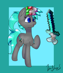 Size: 999x1163 | Tagged: safe, artist:itwasscatters, derpibooru import, oc, oc only, oc:diamond sharp, pony, unicorn, shiny, solo, sword, weapon