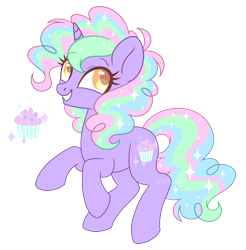 Size: 2683x2731 | Tagged: safe, artist:hawthornss, derpibooru import, oc, oc:cake wishes, unicorn, cupcake, curly hair, cute, food, simple background, smiling, sparkles, transparent background