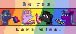 Size: 8861x4000 | Tagged: safe, artist:starry mind, derpibooru import, oc, oc only, oc:elizabat stormfeather, oc:glitter shine (ice1517), oc:night rose (ice1517), oc:starry mind, alicorn, bat pony, bat pony alicorn, hybrid, pony, unicorn, alicorn oc, bat pony oc, bat pony unicorn, bisexual pride flag, bow, bust, cute, cute little fangs, fangs, female, flag, gay pride flag, glasses, goth, hair bow, lesbian, lesbian pride flag, lidded eyes, love wins, lovewins, male, mare, medibang paint, motivational, pigtails, pride, pride flag, pride month, rainbow, requested art, slit eyes, stallion, straight ally flag, tattoo, twintails