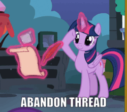 Size: 566x498 | Tagged: safe, edit, edited screencap, editor:watermelon changeling, screencap, twilight sparkle, twilight sparkle (alicorn), alicorn, pony, celestial advice, :c, abandon thread, animated, eyes closed, female, frown, gif, magic, mare, measuring tape, quill, reaction image, salute, scroll, smiling, solo, teleportation, underhoof, waving