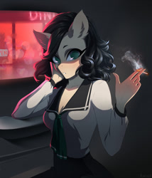 Size: 1097x1280 | Tagged: safe, artist:glorious-rarien, derpibooru import, oc, oc only, anthro, earth pony, anthro oc, blouse, cigarette, clothes, female, mare, noir, short hair, smoking, solo