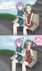 Size: 3000x5000 | Tagged: safe, artist:marie-tea-chan, derpibooru import, boulder (pet), marble pie, maud pie, human, anime, bench, clothes, cute, dress, female, hair, hand, humanized, incest, lesbian, love, marbaud, piecest, romantic, shipping