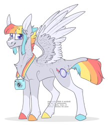 Size: 1139x1304 | Tagged: safe, artist:wolfs42, derpibooru import, oc, oc only, oc:fuji flash, pegasus, pony, camera, colored hooves, rainbow, rainbow hair, simple background, solo, transparent background