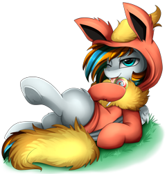 Size: 2204x2290 | Tagged: safe, artist:pridark, derpibooru import, oc, oc only, candy, clothes, commission, flareon, food, hoodie, lollipop, male, pokémon, simple background, solo, stallion, tongue out, transparent background, underhoof