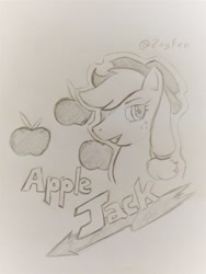 Size: 2448x3264 | Tagged: safe, artist:zayfen, derpibooru import, applejack, earth pony, pony, derpibooru, female, grin, sketch, smiling, solo, traditional art