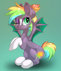 Size: 5574x6540 | Tagged: safe, artist:roaert, derpibooru import, oc, oc:flora hue, bat pony, pony, absurd resolution, bat pony oc, colored hooves, cute, fangs, gradient background, one eye closed, rainbow hair, rearing, solo, wink