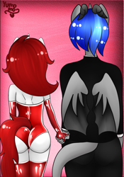 Size: 1400x2000 | Tagged: safe, artist:yumomochan, derpibooru import, oc, oc:siram cotoran, anthro, bat pony, back, couple, holding hands, latex, love, original character do not steal, pink background, simple background, siram, siramie