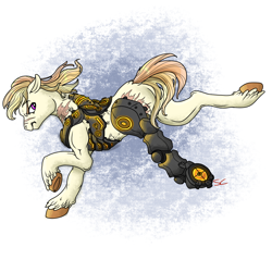 Size: 2000x2000 | Tagged: safe, artist:sourcherry, derpibooru import, oc, oc:shining example, cyborg, earth pony, pony, fallout equestria, amputee, angry, male, muscles, prosthetic leg, prosthetic limb, prosthetics, solo, stallion, unshorn fetlocks, wasteland ventures