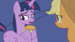 Size: 960x540 | Tagged: safe, derpibooru import, edit, edited screencap, screencap, applejack, twilight sparkle, twilight sparkle (alicorn), alicorn, earth pony, pony, horse play, burger, food, hay burger, twilight burgkle, wing gesture, wing hands