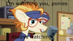 Size: 1280x720 | Tagged: safe, edit, edited screencap, screencap, earth pony, pony, all bottled up, always watching, braces, clock, clothes, dave the intern, glasses, image macro, male, meme, microphone, monsters inc., roz, shirt, smiley face, solo, stallion