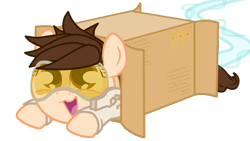 Size: 1920x1080 | Tagged: safe, artist:king-franchesco, derpibooru import, pony, box, cute, female, hooves, lying down, mare, open mouth, overwatch, ponified, pony in a box, simple background, tracer, transparent background