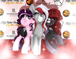 Size: 1024x791 | Tagged: safe, artist:kellythedrawinguni, derpibooru import, oc, oc only, oc:curse word, oc:magpie, oc:royal flush, pegasus, pony, unicorn, female, hug, lesbian, mare, pansexual, winghug