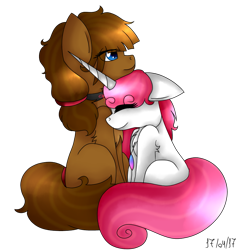 Size: 841x883 | Tagged: safe, artist:pinkpearlmlp, oc, oc only, oc:pink lovely neko, earth pony, pony, unicorn, female, mare, neck nuzzle, nuzzling, simple background, transparent background