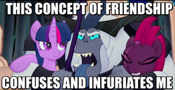 Size: 842x436 | Tagged: safe, edit, edited screencap, screencap, storm king, tempest shadow, twilight sparkle, twilight sparkle (alicorn), alicorn, pony, my little pony: the movie, broken horn, disgusted, eye scar, futurama, horn, image macro, lrrr, meme, scar, tongue out