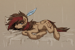 Size: 1400x942 | Tagged: safe, artist:koviry, oc, oc only, oc:keman, pegasus, pony, feather, lying down, male, solo, stallion