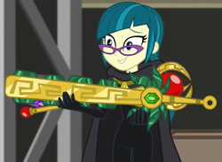 Size: 1263x923 | Tagged: safe, screencap, juniper montage, equestria girls, movie magic, spoiler:eqg specials, arrow of marapore, bodysuit, cape, clothes, cropped, female, glasses, macuahuitl, scepter, solo, staff of ponypeii, sword of lusitano