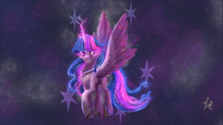 Size: 1024x576 | Tagged: safe, artist:lmkyouki, derpibooru import, twilight sparkle, twilight sparkle (alicorn), alicorn, pony, unicorn, fanfic art, goddess, smiling, smirk, solo, spread wings, stars, wings