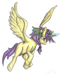 Size: 1162x1389 | Tagged: safe, artist:edhelistar, derpibooru import, oc, oc only, oc:princess itzpapalotl, alicorn, fanfic:continuity saga, alicorn oc, blank flank, conlang in the description, fanfic, fanfic art, feather, jade crown, jewelry, magic, regalia, spread wings, traditional art