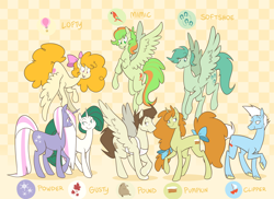 Size: 1558x1132 | Tagged: safe, artist:egophiliac, derpibooru import, part of a set, gusty, lofty, mimic (g1), pound cake, powder, pumpkin cake, oc, oc:softshoe, earth pony, pegasus, pony, unicorn, g1, abstract background, apron, bow, brother and sister, cake twins, clipper (g1), clothes, description is relevant, female, flying, g1 to g4, generation leap, hair bow, long mane, long tail, male, mare, older, older pound cake, older pumpkin cake, raised hoof, siblings, slice of pony life, spread wings, stallion, tail bow, twins, wings