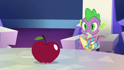 Size: 1280x720 | Tagged: safe, screencap, spike, dragon, all bottled up, apple, archie comics, food