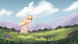 Size: 1024x576 | Tagged: safe, artist:worldlofldreams, derpibooru import, oc, oc only, pony, flower, flowing mane, grass, mountain, scenery, smiling, solo