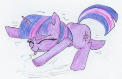 Size: 681x440 | Tagged: safe, artist:t72b, derpibooru exclusive, derpibooru import, twilight sparkle, pony, adorkable, cute, dancing, do the sparkle, dork, eyes closed, raspberry, raspberry noise, silly, silly pony, solo, tongue out, traditional art
