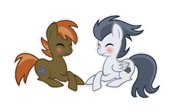 Size: 769x500 | Tagged: safe, artist:caecii, artist:darbypop1, derpibooru import, button mash, rumble, pony, base used, blushing, eyes closed, gay, male, older, prone, rumblemash, shipping, simple background, smiling, stallion, transparent background