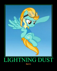 Size: 600x750 | Tagged: safe, artist:darkonshadows, derpibooru import, lightning dust, pegasus, pony, wonderbolts academy, clothes, female, flying, goggles, mare, motivational poster, smiling, spread wings, uniform, wings, wonderbolt trainee uniform