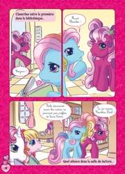 Size: 510x709 | Tagged: safe, artist:emma vieceli, derpibooru import, cheerilee (g3), rainbow dash (g3), starsong, sweetie belle (g3), toola roola, g3.5, book, colour:kate brown, comic, french, fullfx studios for hasbro, jungle, library, looking at each other, official, story:stanley jefferson