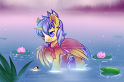 Size: 1000x664 | Tagged: safe, artist:cabbage-arts, derpibooru import, oc, oc only, oc:cosmo swift, alicorn, fish, pony, alicorn oc, cape, clothes, solo, water