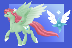 Size: 2592x1728 | Tagged: safe, artist:mythpony, derpibooru import, oc, oc:frost wing, pegasus, pony, cutie mark, eyes closed, female, hooves, lineless, mare, raised hoof, solo, spread wings, wings