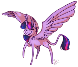 Size: 1600x1372 | Tagged: safe, artist:g-elric, derpibooru import, twilight sparkle, twilight sparkle (alicorn), alicorn, pony, eyes closed, female, happy, leonine tail, mare, open mouth, simple background, smiling, solo, spread wings, transparent background, wings