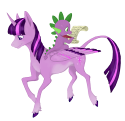 Size: 2402x2322 | Tagged: safe, alternate version, artist:sihyre, derpibooru import, spike, twilight sparkle, twilight sparkle (alicorn), alicorn, dragon, pony, curved horn, duo, female, leonine tail, letter, male, mare, quill, simple background, transparent background, unshorn fetlocks